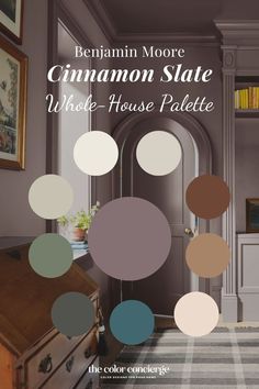 The Benjamin Moore Paint Color of the Year 2025 Cinnamon Slate has officially been announced, and its corresponding Color Trends 2025 palette is on track to start trending. Cinnamon Slate is the Benjamin Moore 2025 Color of the Year, and it’s a muted yet striking violet hue perfect for anyone looking to add moody color to their home this year #benjaminmoore #moody #moodyinteriors #interiordesign Benjamin Moore Cinnamon Paint Colors, Timeless Home Color Palette, Benjamin Moore Sequoia, Adobe Sand Color Palette, Plum Color Interior Design, London Clay Paint, Benjamin Moore Paint Schemes, Modern Home Interior Paint Colors, Behr Bedroom Paint Colors Relaxing