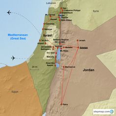 a map of the middle east with several locations marked in arabic and english, including jordan