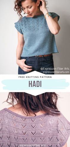 the back of a woman's top with text that reads, free knitting pattern hadi