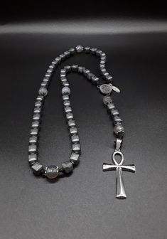 Silver Obsidian Jewelry With Gemstone Beads, Silver Hematite Necklace With 8mm Beads, Silver Hematite Jewelry For Healing, Adjustable Silver Obsidian Necklace, Healing Hematite Silver Jewelry, Spiritual Silver Obsidian Necklace, Spiritual Silver Hematite Necklace, Ankh Cross, Catholic Rosary