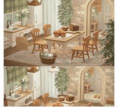 two pictures of a kitchen and dining room