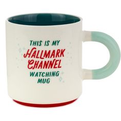 this is my hallmark channel watching mug with blue inside and green outside, on a white background