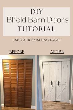 A wood colored bifold closet door and then a white bifold barn door with black handles. The text says "DIY Bifold Barn Doors Tutorial" and then "Use your existing door" Trifold Door Makeover, Diy Bi Fold Doors, Diy Barn Door Cheap How To Build, Diy Bifold Barn Doors, Diy Barn Door Cheap, Farmhouse Diy Projects, Diy Pallets, Bifold Barn Doors, Diy Barn