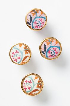 * Set of two * Tighten with care * Handpainted stoneware, iron chrome plated * Imported Colorful Cabinet Knobs, Fun Knobs Drawer Pulls, Bright Fun Home Decor, Unique Dresser Knobs, Anthropologie Home Decor Inspiration Living Room, Cool Kitchen Decor, Anthropology Furniture, Colorful Cabinet Hardware, Boho Painted Furniture