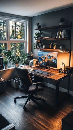 a desk with a computer on it in front of a window