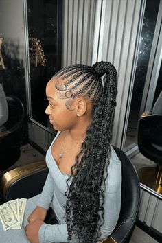 This attention-grabbing shuku hairstyle has many braided cornrows that come together at the top of the head into a tall, flowing ponytail. The braids on the scalp neatly curve and cross each other, forming a pretty pattern shape that shows how complex the style is. Flowing from the ponytail, the hair changes into loose, wavy extra - Click to see more of Shuku Hairstyles: 35 Gorgeous Ways to Embrace Your Beauty and follow us for more hairstyle ideas. // Photo Credit: Instagram @chinkyontheslay Shuku Cornrow Hairstyles, Cornrow In One Hairstyles, Braid To A Ponytail, Black Braided Hairstyles Natural Hair, Scalp Braids In A Ponytail, Cornrows Braided Into A Ponytail, Hair Styles Ponytail Braid, Corn Roll Ponytail Hairstyles, Shuku Braids Styles