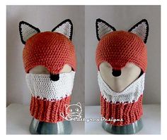 two pictures of a knitted fox mask on a mannequin's head