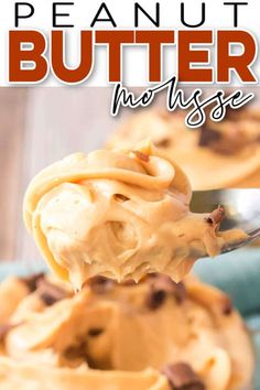 a spoon full of peanut butter mousse with chocolate chips on top and text overlay