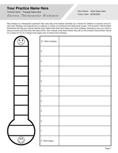 Play therapy is a therapeutic approach that uses play and creative activities as a means for children to express and process their feelings and experiences to address a variety of emotional and behavioral issues. This Emotion Thermometer Worksheet will help your clients identify what makes them feel most happy and most unhappy. Our Play Therapy Emotion Thermometer Worksheet PDF (Editable, Fillable, Printable) is perfect for counselors, psychologists, psychiatrists, social workers, therapists, and other mental health professionals.

This Play Therapy Emotion Thermometer Worksheet PDF can be downloaded and used with all your clients, giving them the ability to fill it out on a digital device and print it out for creating illustrations.
This template is part of the Play Therapy Worksheets Bun Gestalt Therapy Activities, Feelings Thermometer Printable, Emotion Thermometer, Logo Therapy, Feelings Thermometer, Distress Tolerance Worksheets, Play Therapy Activities, Existential Therapy, Couples Therapy Worksheets