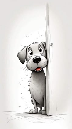 a drawing of a dog peeking out from behind a wooden pole with water droplets on it