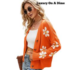 Daisy Sweater, Colorful Clothing, Drop Shoulder Cardigan, Orange Cardigan, Preppy Sweater, Loose Cardigan, Cropped Cardigan Sweater, Floral Knit, Estilo Chic