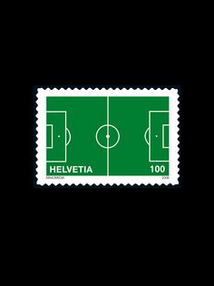 a postage stamp with the image of a soccer field on it's green surface