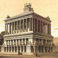 an old drawing of a building with columns and statues on the front, surrounded by trees