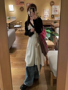 Pants Over Dress, Japanese Fashion Aesthetic Soft, Japanese Overalls Outfit, Dress With Pants Underneath Street Style, Dress Over Pants Aesthetic, Dress Over Jeans Outfit Together, Pants With Dress Outfit, Jeans Over Dress, Dress Over Jeans Aesthetic