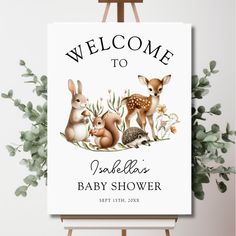 a welcome sign for a baby shower with woodland animals