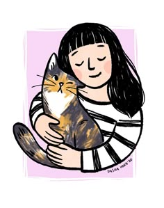 a drawing of a girl holding a cat with her arms wrapped around her chest and looking at the camera