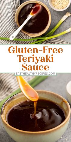 gluten - free teriyaki sauce being poured into a bowl with spoon