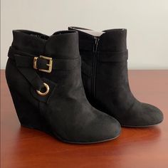 Black Suede Zipper Wedge Booties. Brand New. Never Worn! Kept In Box. Black Wedge Boots With Zipper And Round Toe, Black Wedge Boots With Zipper Closure For Fall, Boho Heels, Short Suede Boots, Velvet Ankle Boots, Snakeskin Heels, Tan Heels, Grey Boots, Black Suede Boots