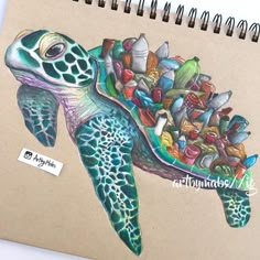 a drawing of a sea turtle with many things on it's back and neck