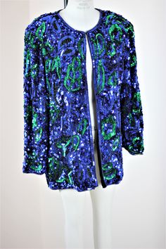 "Isnt this a beauty??? sooo colorful and so beautiful and in Excellent condition..beads, sequins, this jacket has it all!! sparkles..and it is heavy too!! Measuring: 29\" length Width: 46\" Sleeves: 23\" Pet Free/smokefree Enjoy!" Beaded Jacket, Green Sequins, Baroque Fashion, Sequin Beading, Wow Products, Just Amazing, Wearable Art, Sequin, Blue Green