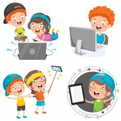 four children with different types of electronic devices