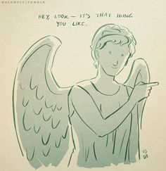 a drawing of an angel holding a cell phone with the words hey look it's that thing you like