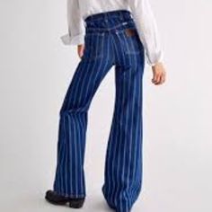 Wrangler Striped Jean Stretch Fabric Slim Through Hip & Thigh 24" Flare Bottom 34" Length Could Be Cut. Nwt 126154361 High Rise Flare Jeans, Striped Pant, Striped Jeans, Wrangler Jeans, Stretch Jeans, Extra Long, Flare Jeans, Stretch Fabric, Blue White