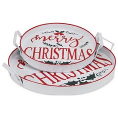 two white plates with merry christmas designs on the front and bottom, one has red lettering