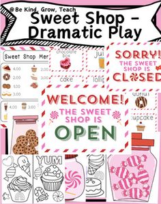 the sweet shop - dramatic play activity pack is shown in pink and white with candy, sweets