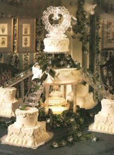 a wedding cake sitting on top of a table