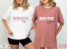 two women standing next to each other wearing matching shirts that say bride and the groom