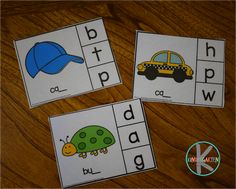 three matching cards with pictures of cars and hats on the same page, which include letters that spell out phonics