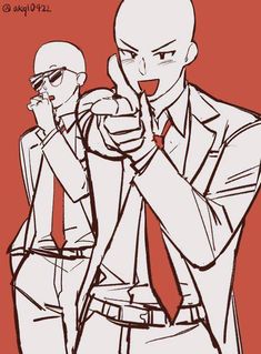 a drawing of two men in suits pointing at something with one hand and the other holding his head