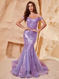 Product Code: FSWD1142 Embellishment: Sequin,Mesh Fabric: 100% Polyester Back Style: Zipper Up Fully Lined: Yes Built-in Bra: Yes Available Color: Violet Stretch: Moderate Fits true to size Imported Model Information: Height: 5' 2" Bust: 33.5'' Waist: 24“ Hips: 35.5” wearing US size Small Sequin Mermaid Dress, Dreamy Gowns, Gowns Dresses Elegant, Bond Girls, Color Violet, Pretty Prom Dresses, Fantasy Dress, Designer Dress, Formal Outfit