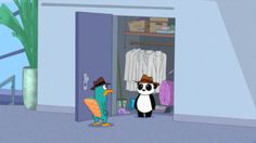 an animated panda and penguin are standing in front of the closet