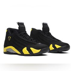 The Air Jordan 14 Retro 'Thunder' Release Sees A Primarily Black Suede Upper With Yellow Accents On The Midsole And Branding Collector’s Item! Men’s Size 11 Previously Worn, But In Phenomenal Condition. Minor Scuffs. Pics Are Representative Of The Quality. Sporty Yellow High-top Running Sneakers, Yellow High-top Leather Running Shoes, Yellow High-top Sneakers With Vibram Sole, Yellow Slip-on Running Shoes For Streetwear, Yellow High-top Running Sneakers With Round Toe, Yellow High-top Running Sneakers, Yellow High-top Sneakers With Round Toe For Running, Yellow High-top Running Shoes With Vibram Sole, Yellow Accents