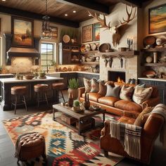 Western Home Decor 🏠 Ideas Western Living Room And Kitchen, Western Americana Decor, Cabin Western Decor, Yellowstone Aesthetic Home Decor, Texas Kitchen Design, Arizona Western Aesthetic, Cowboy House Decor, Southwest Kitchen Ideas, Western Living Room Ranch Style