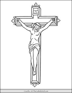 the crucifix with jesus on it is outlined in black and white ink