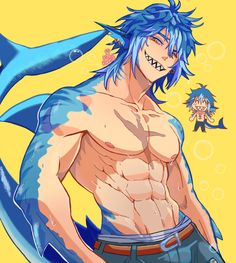 an anime character with blue hair standing in front of a dolphin and holding his hands on his hips