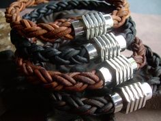 Thick Braided Leather Bracelet with Sprocket Style Stainless Steel Magnetic Clasp - Urban Survival Gear USA Mens Cuff Bracelets, Mens Leather Necklace, Mens Cuff, Bracelet Mens, Braided Leather Bracelet, Mens Leather Bracelet, Leather Bracelets, Mens Leather, Matching Necklaces