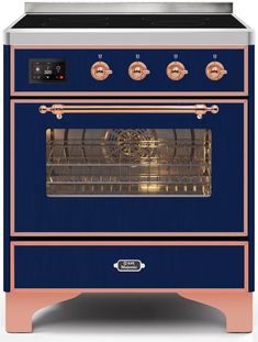 a blue oven with gold trimmings on the front and bottom, is shown