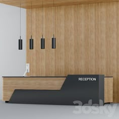 the reception desk is made out of wood and has a black sign that reads reception