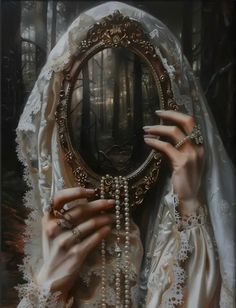 a painting of a woman holding a mirror to her face in front of the camera