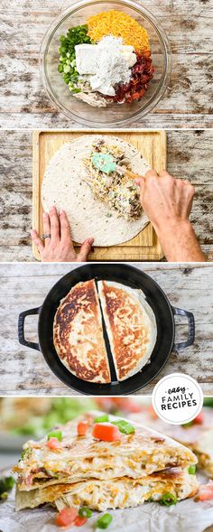 different types of quesadillas are shown in this collage