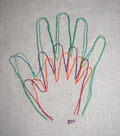 an embroidered hand is shown with colored thread on the top and below it's image