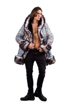 MEN'S WIZARD COAT FEATURES High quality faux fur. Lined with ultra soft cuddle minky seal fabric. Two outside pockets at the side seams. Two deep inside zipper pockets at the front sides. 6" Invisible zipper ID "secret" pocket on the inside left chest lining. Four metal hook & eye closures. Contrast faux fur wraps to the inside of the sleeve, hood, and full perimeter of the coat. Back pack straps to wear the coat like a cape when you are too hot. Length is approx. 33”. Dare to stand out in a cro Winter Faux Fur Coat With Fleece Lining, Outfit Rave, Chinchilla Fur, Faux Fur Wrap, Rave Clothing, Secret Pocket, Burning Man Festival, Fur Wrap, I Can Change