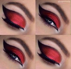 Make Up Ideas For Begginers, Diy Devil Costume Women Make Up, Black And Red Makeup Ideas, Devils Makeup Halloween, Rocker Glam Makeup, Gothic Devil Makeup, Devil Costumes Women, Red Halloween Eye Makeup, Morphe 35c Palette Looks Step By Step