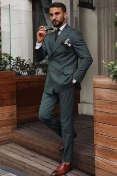 Green Black Outfit Men, Old Money Wedding Suit, Black Tie Formal Men, Unique Groom Attire Vintage, Unique Wedding Suits Men, Dark Green Mens Suit, Mens Black Tie Attire, Dark Green Suit Men, Dark Green Suit