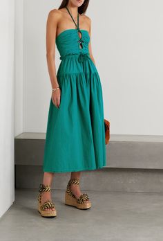 Verdigris Color, Ulla Johnson Dress, Evening Jumpsuit, Luxury Women Fashion, Skirt Midi, Green Midi Dress, Draped Dress, Gathered Skirt, Mid Dresses