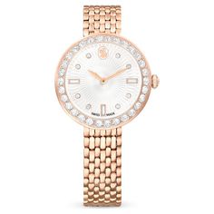 This Certa watch seamlessly blends contemporary styling with Swarovski’s signature savoir-faire. The round 30mm case is made with a beautiful rose gold-tone finish and features a bezel set with a pavé of 30 crystals. Beneath the mineral glass, a mesmerizing guilloché dial is revealed, with the Swarovski swan logo at 12 o’clock, along with indexes created from round and baguette crystals. There is also a single crystal set in the watch’s crown. For style around the wrist, the watch is presented o Swarovski Swan, Swan Logo, Swiss Made Watches, Crystal Set, Beautiful Rose, Metal Bracelets, Swiss Made, O Clock, Beautiful Roses